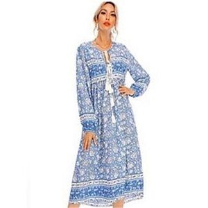 R. Vivimos Long Sleeve Floral Print V-Neck Tassel Bohemian Dress Size M‎